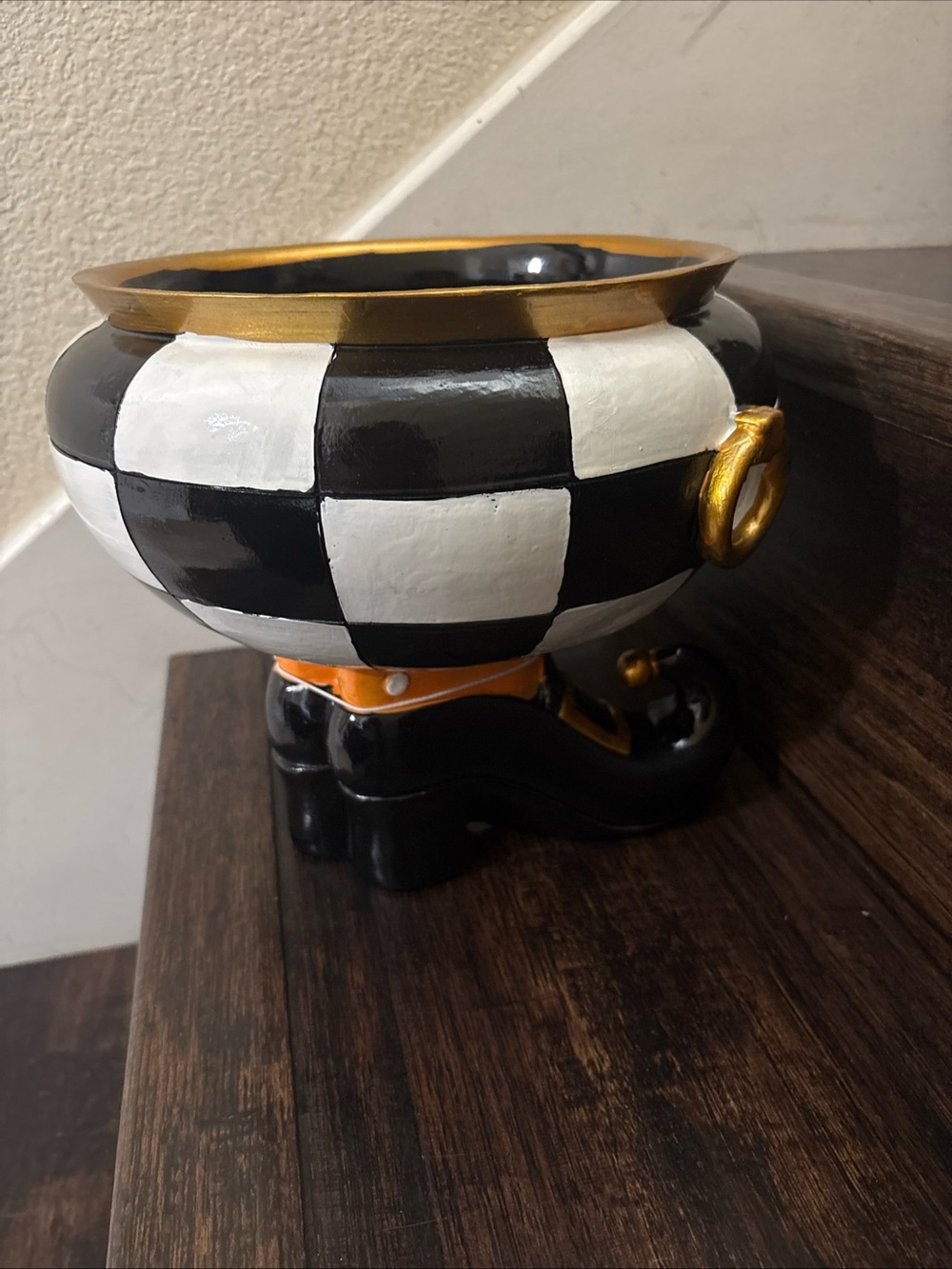 Black & White Checkerboard Footed Bowl with Gold Trim - Picture 4 of 4